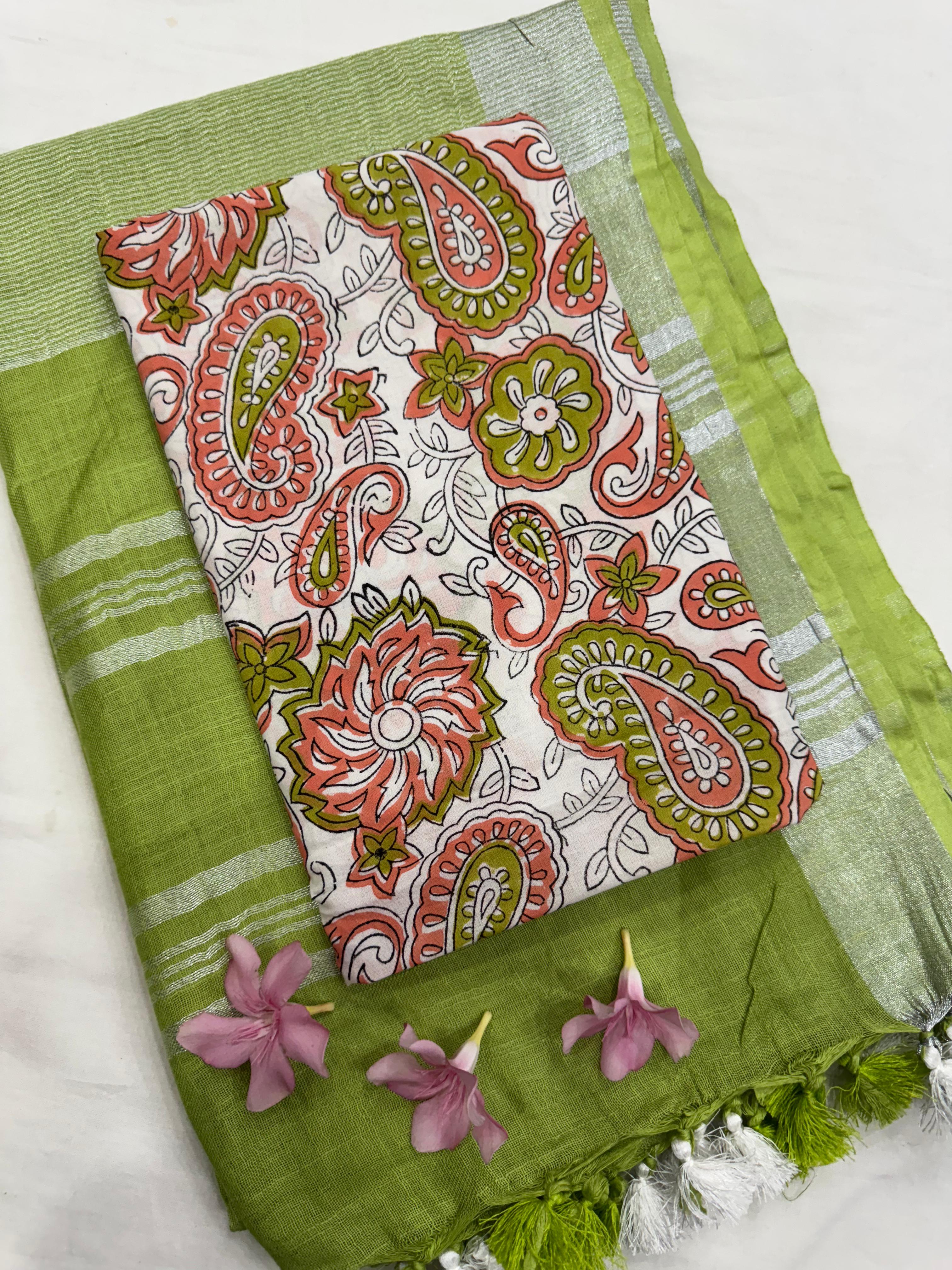 Green Saree with White Paisley Jaal Blouse Fabric – Premium handblock printed wholesale saree for retailers, boutiques, and designers